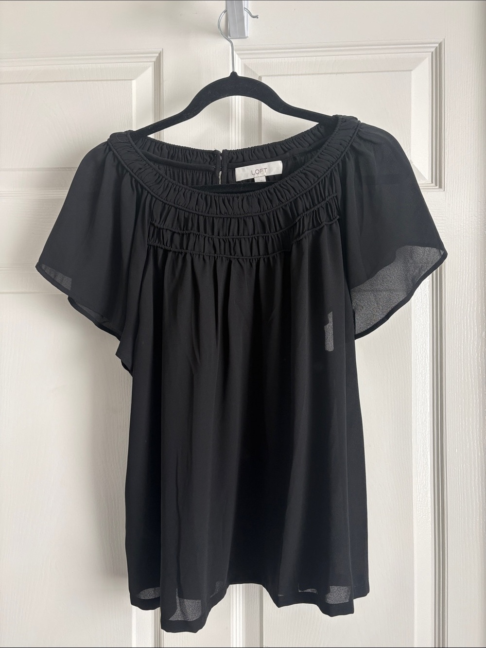 LOFT Black Flutter-Sleeve Smocked Yoke Blouse